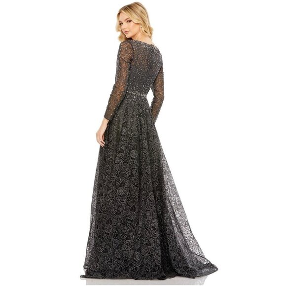 NWT Mac Duggal Gray Embellished Illusion Long Sleeve V Neck Gown Graphite #8594 - Picture 4 of 8
